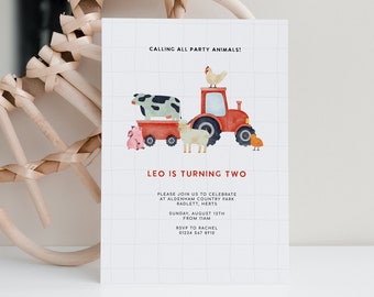 May include: A white invitation with red and black text. The invitation is for a farm-themed birthday party for a child named Leo who is turning two. The invitation includes the text "Calling all party animals!" and "Leo is turning two". The invitation also includes the date, time, and location of the party.