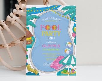 Puede incluir: Una invitación colorida a una fiesta de piscina con una ilustración de dibujos animados de una piscina, palmeras y una sombrilla de playa. El texto dice "Splish Splash Join us for a Pool Party Bash to celebrate Olivia's 6th Birthday Saturday, July 1st at 1 p.m. at 123 Main Street Don't forget your swimsuit and towel!"