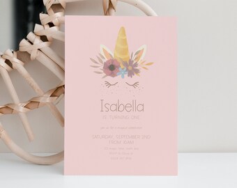 May include: Pink invitation card with a unicorn illustration and the text "Isabella is turning one" and details for a birthday party.