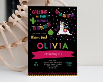 May include: A colorful invitation for a llama-themed party. The invitation features a llama wearing a flower crown and a cactus. The text reads "Calling all party animals. Join us for a whole llama fun! Olivia is turning six. Meet us at rainbow soft play & cafe 123 llama street | london RSVP to natalie 555.555.555 From 1PM 17 FEB".