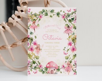 May include: A pink and green fairy-themed birthday invitation with a mushroom house and the text "Flutter and Twirl to celebrate our magical fairy Octavia turning three. Saturday 30 April, 1pm, Octavia's Fairy Garden, 121 Magical Kingdom, Spells Way. RSVP to Kirsten 355.555.5555"