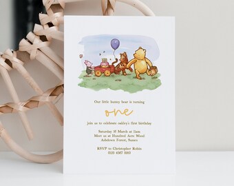 Plantilla clásica de invitación de cumpleaños de Winnie the Pooh, invitación editable de primer cumpleaños de Winnie the Pooh, cumpleaños vintage de Winnie the Pooh