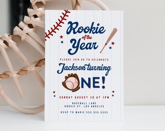 Editable Baseball First Birthday Invitation Template, Rookie of the Year Invite, Baseball Birthday Party, Baseball, Instant Download