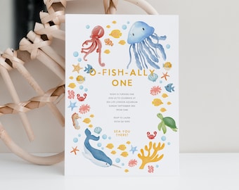 O-Fish-Ally One Invite, Szablon zaproszenia na urodziny w oceanie, Pod morzem, Urodziny w oceanie, Wydrukowane zaproszenie na urodziny, Edytowalne zaproszenie