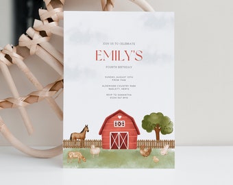 Editable Farm Birthday Invitation, Girl Barn Party, Farm Animals, Barnyard Party, Digital Invite, Instant Download, Printable Template