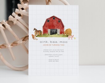 May include: A red barn with white windows and a black door. The barn is surrounded by green grass and a fence. There are farm animals around the barn, including a horse, a pig, a chicken, and a hay bale. The text "oink, baa, moo JACOB IS TURNING TWO!" is printed below the barn. The text "please join us on the farm sunday, august 13th at 11am aldenham country park radlett, herts rsvp to laura 01234 567 8910" is printed below the text.
