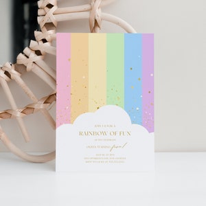 Editable Rainbow Birthday Invitation Template, Colorful Rainbow Party Invite, Rainbow of Fun, Gold Stars, Girl Birthday, Printable, Download