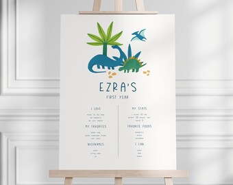 Pode incluir: Um cartaz imprimível com tema de dinossauros para o primeiro aniversário de uma criança. O cartaz tem um esquema de cores verde, azul e amarelo e apresenta um dinossauro verde, um dinossauro azul e uma palmeira. O texto no cartaz diz "Ezra's First Year".