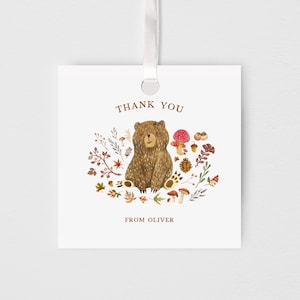 Editable Woodland Bear Gift Tag, Woodland Bear Party Favor tag, Beary First Birthday, Forest Animals, Printable Tag, Instant Download