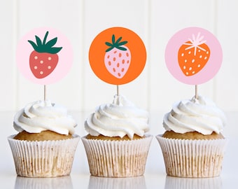 Printable Strawberry Cupcake Toppers, Berry First Birthday, Cake Toppers, Modern Strawberry Cake Decor, Digital Download, Instant Download