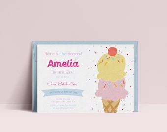 Editable Ice Cream Birthday Invitation Template, Here's the Scoop, Ice Cream Party, Girl Birthday, Sweet Celebration, Instant Download