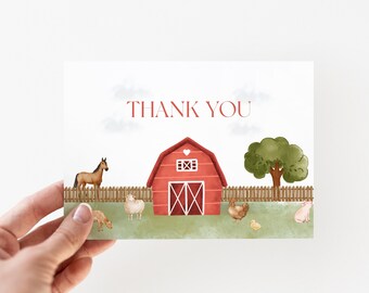 Editable Farm Birthday Thank You Card, Girl Barn Party, Farm Animals, Barnyard Party, Barn Thank You, Instant Download, Printable Template
