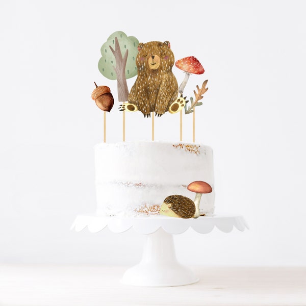 Printable Woodland Bear Cake Topper, Forest Animals Party, Cake Decor, Mushroom Party, Fall Party Cake, Digital Download, Instant Download