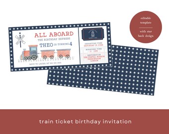 Editable Train Birthday Ticket Invitation Template, Train Ticket Kids Invite, Blue Boy Birthday, Boarding Pass Invitation, Instant Download
