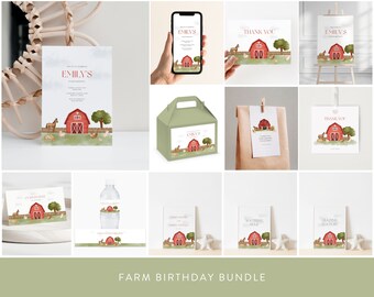 Puede incluir: Un conjunto de suministros para fiestas de cumpleaños con temática de granja. Los diseños presentan un granero rojo, un caballo y otros animales de granja. El paquete incluye invitaciones, tarjetas de agradecimiento, un letrero de bienvenida, una caja de recuerdos y etiquetas para botellas de agua. El texto "EMILY'S" y "FARM BIRTHDAY BUNDLE" son visibles.
