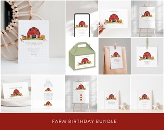 Puede incluir: Paquete de imprimibles para fiesta de cumpleaños de granja con un granero rojo, animales de granja y el texto "Oink, baa, moo" y "Jacob's Farm Birthday". El paquete incluye invitaciones, tarjetas de agradecimiento, etiquetas para alimentos, etiquetas para botellas de agua, un letrero de bienvenida y un letrero para una estación de pastoreo.