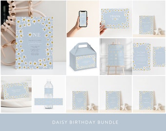 May include: A printable birthday party bundle with a daisy theme. The bundle includes invitations, thank you cards, food labels, a welcome sign, a favor box, and a water bottle label. The design features white daisies on a light blue background.