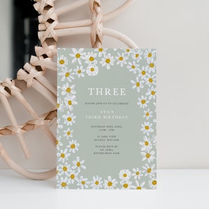 Modèle d'invitation de marguerite, invitation d'anniversaire imprimable, troisième anniversaire de marguerite, invitation de marguerite de Boho, troisième fille d'anniversaire, invitation florale