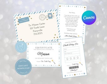 Printable Mini Tooth Fairy Set Blue with Envelope, Receipt, Certificate, Sticker and Letter, Instant Download, Editable Tooth Fairy Kit