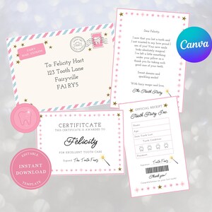 Printable Mini Tooth Fairy Set Pink with Envelope, Receipt, Certificate, Sticker and Letter, Instant Download, Editable Tooth Fairy Kit