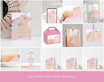 May include: A unicorn birthday party bundle with a pink and white color scheme. The bundle includes invitations, a welcome sign, favor bags, water bottle labels, juice box labels, cupcake toppers, and a gift tag. The design features a unicorn with a rainbow mane and tail.