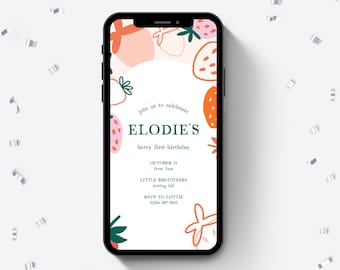 Berry First Birthday Digital Invite, Editable Strawberry Birthday Invitation, Modern Strawberry, Berries, Instant Download, Evite Template