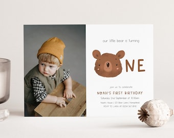 Plantilla editable de invitación de cumpleaños de oso, invitación de primer cumpleaños de Beary, invitación a fiesta de oso, invitación de picnic de osos de peluche, plantilla digital editable