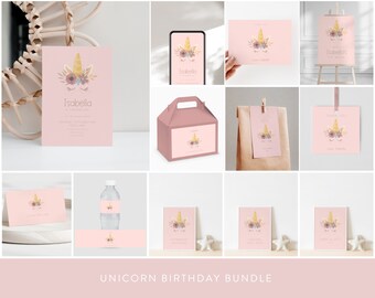 May include: Unicorn birthday party printable bundle with pink and gold colors. Includes invitations, favor tags, water bottle labels, food labels, and a welcome sign.