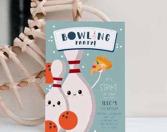 Editable Bowling Birthday Invitation, Strike Up Some Fun Bowling Party, Pizza, Boy Birthday, Bowling Pins, Printable Template, Download