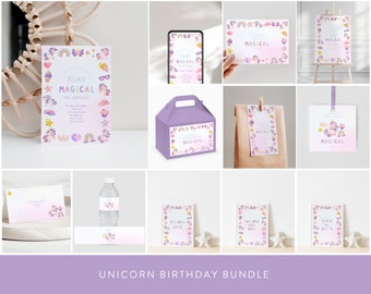 May include: A unicorn birthday party printable bundle with a purple, pink, and gold color scheme. The bundle includes invitations, food labels, favor tags, and a welcome sign. The text on the invitations reads "Ella's Magical 3rd Birthday".
