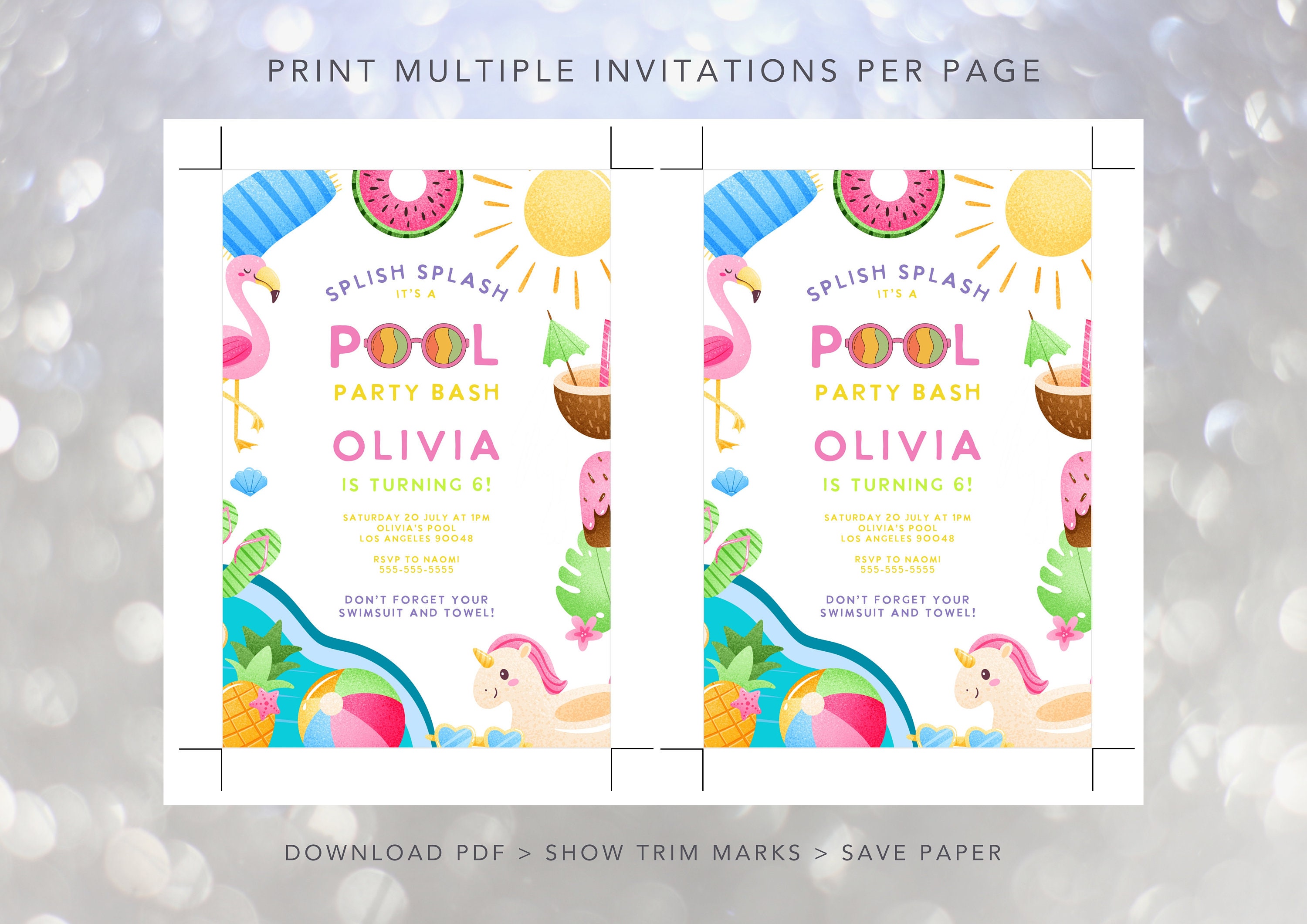 Editable Pool Party Invitation Template, Tropical, Splish Splash, Pool ...