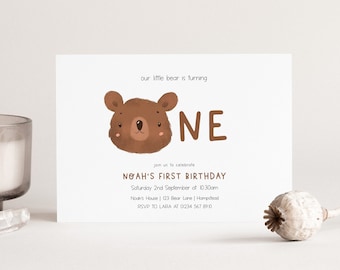 Plantilla editable de invitación de cumpleaños de oso, invitación de primer cumpleaños de Beary, invitación a fiesta de oso, invitación de picnic de osos de peluche, plantilla digital editable