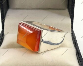 Carnelian Ring, Rectangle Carnelian Ring, Carnelian Jewelry, Beautiful Carnelian Sterling Silver Ring, Birthday Gift, Ring For Men's