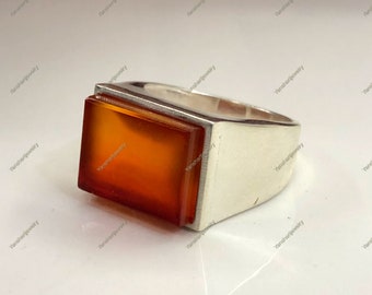 Flat Carnelian Ring, Rectangle Carnelian Ring, Carnelian Jewelry, Beautiful Carnelian Sterling Silver Ring, Birthday Gift, Ring For Men's