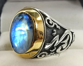 Natural Rainbow Moonstone Statement Ring, 925 Sterling Silver, Rainbow Moonstone Mens Ring, Moonstone Womens Ring, Birthday Gift Jewelry
