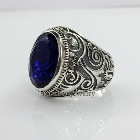 Blue Sapphire Gemstone Ring Statement Ring Wedding Gift For Him Natural Blue Sapphire Men/'s Ring 925 Sterling Silver Signet Gents Ring