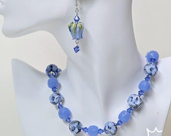 Glass bead necklace, classic collection "BLUE WONDER", glass jewelry, handmade lampwork, classic necklace, 925 silver