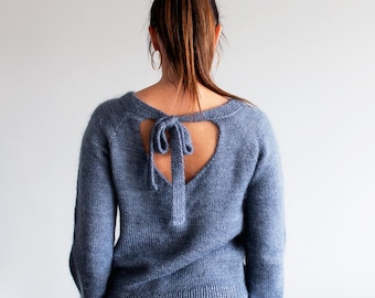 Shelby Sweater Knitting Pattern - Open Back Bow Raglan Pullover with Mohair