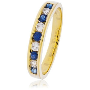 Blue Sapphire and Diamond Half Eternity Ring / 18ct Yellow gold / 3.4mm Channel Set/ Blue Sapphire and Diamond Wedding Band