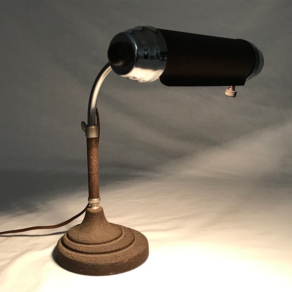 Antique Circa 1940's Art Deco Bullet Gooseneck Desk Lamp Vintage Mid Century Radionic Trans Co Bankers Tellers Student Light Cast Iron