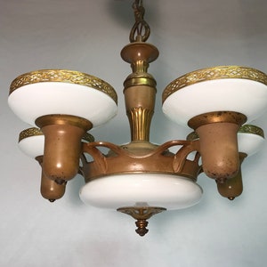 Antique Art Deco Chandelier 1930&#39;s Gill Glass Streamline Ceiling Light Fixture Vintage Custard Cup Shades