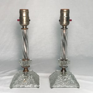 Antique 1920&#39;s Glass Crystal Boudoir Table Lamps Art Nouveau Pair Boudoir Stick Style Student Parlor Lamps Art Deco Makeup