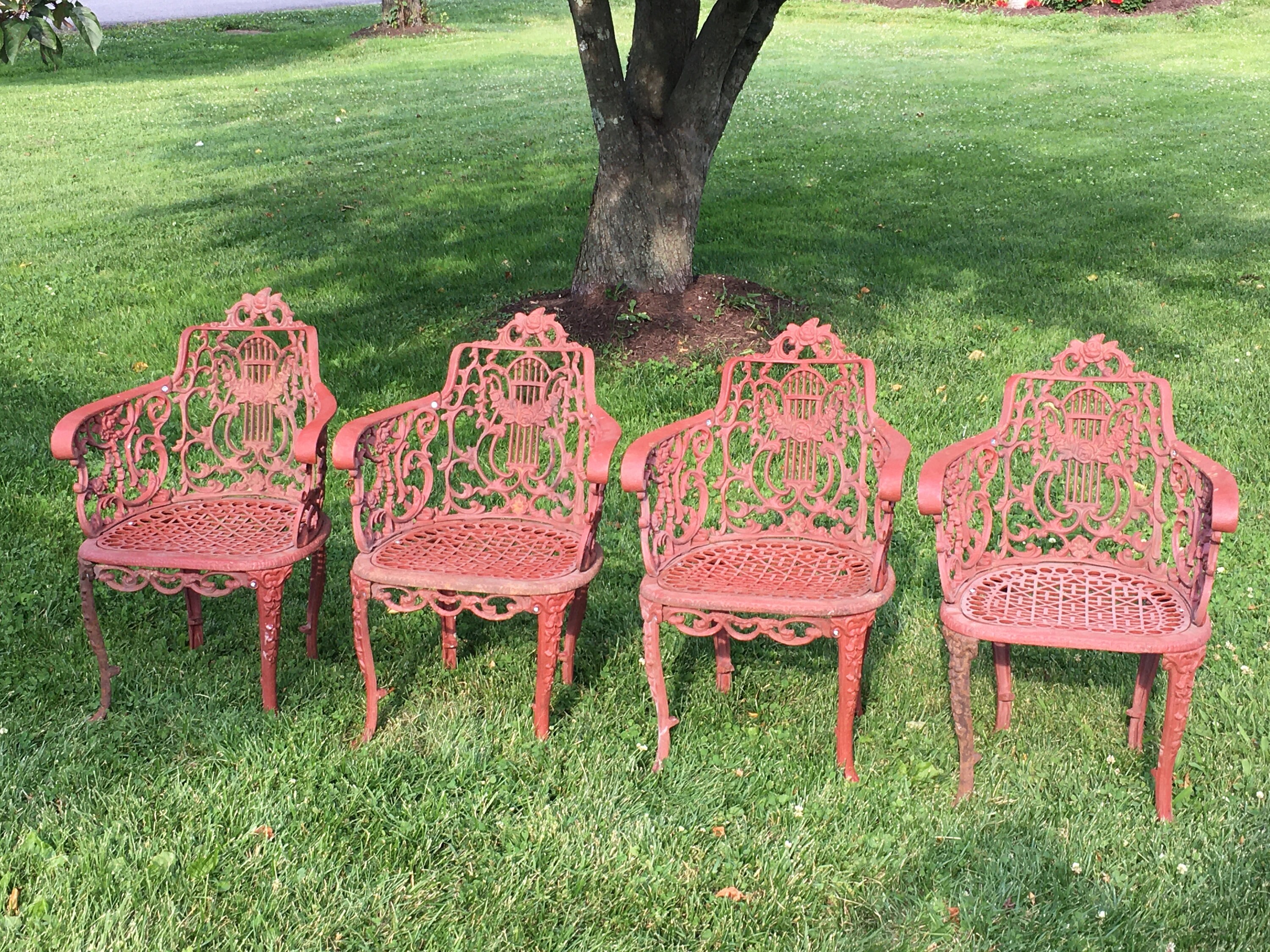 RARE Set of 4 Antique Cast Iron Garden Chairs Lyre Back Rose Etsy