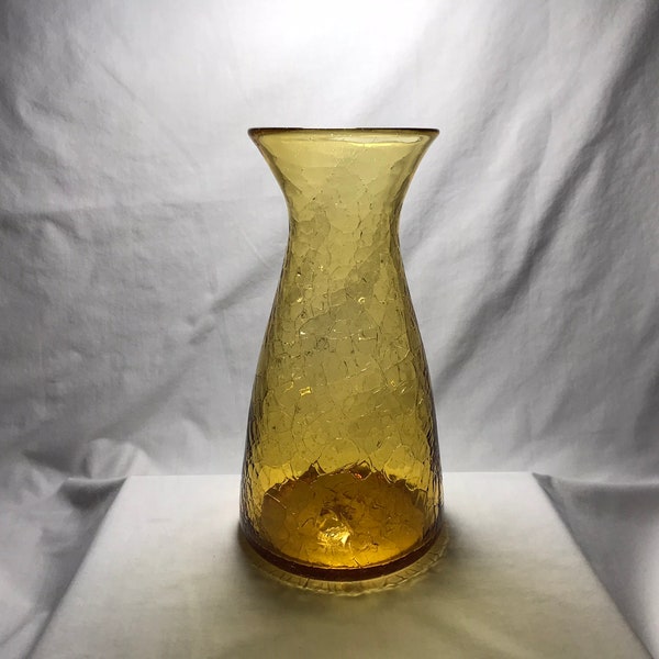 10" Vintage MCM 1950s Blenko  Amber Crackle Glass Vase Mid Century Modern Yellow Art Glass Blown Wayne Husted Yellow Art Glass