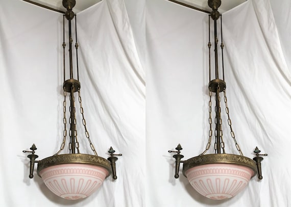 Pair Xl 1900s Chandeliers Gothic Inverted Dome Light Fixtures Pair Xl 1900s Chandeliers Gothic, Vintage Pendant Light Fixture Pair