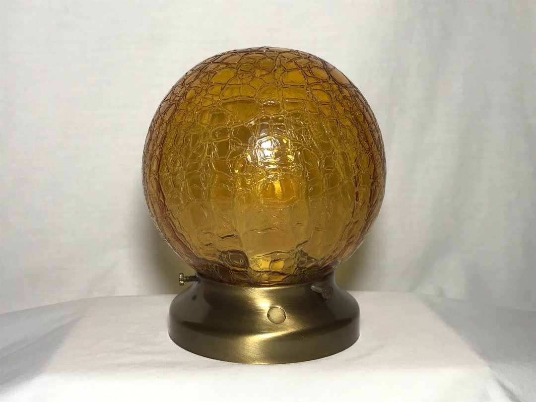 Antique 1970s Ceiling Light Fixture Orange Crackle Glass Mid Century