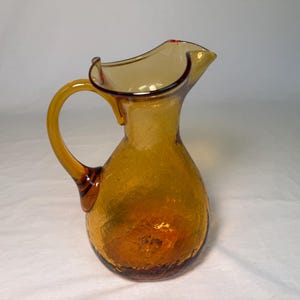 Vintage 9&quot; MCM Glass Vase Amber Crackle Glass Blenko Pilgrim Rainbow? Mid Century Modern 1950s Yellow Art Glass Blown Art Glass Pitcher