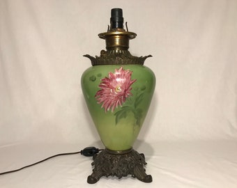 Antique Gone With The Wind Lamp Base Keroscene Oil Floral Parlor Lamp Electrified Victorian Lighting Font Hand Painted GWTW