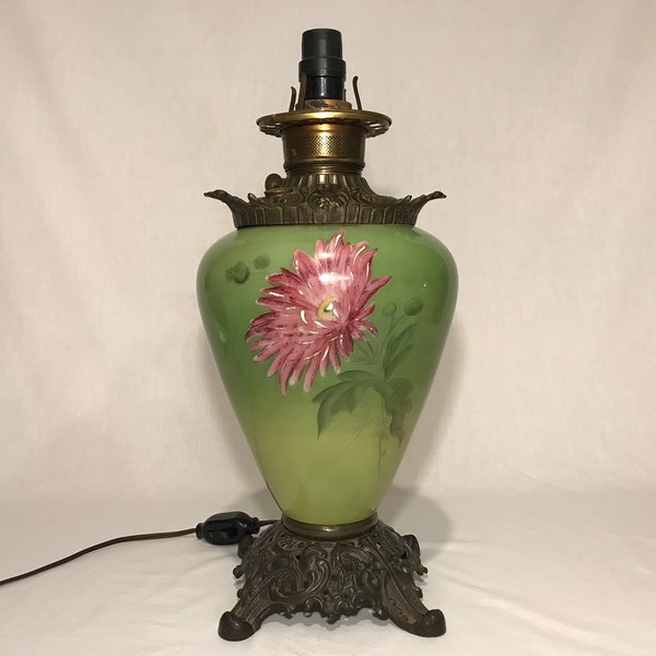Antique Gone With The Wind Lamp Base Keroscene Oil Floral Parlor Lamp Electrified Victorian Lighting Font Hand Painted GWTW
