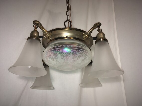 Antique Mission Chandelier C1910 Craftsman Acid Etched Etsy